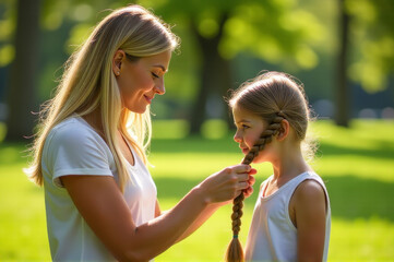 Fototapeta premium A woman and a young girl standing together in a sunny field, possibly on an outdoor adventure or exploring nature