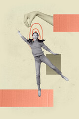 Sketch contemporary art photo collage of happy girl guy stand vertex hypnosis doodle hand control...