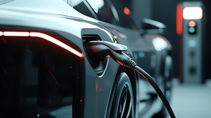 A sleek electric car with neon accents is plugged into a charging station
