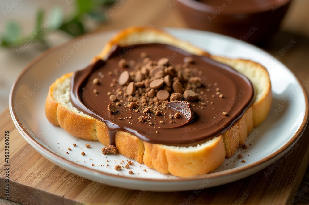 Poster a single serving of chocolate spread placed on a plate with a slice of bread