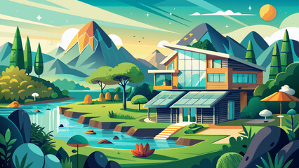 Fototapeta premium An eco-friendly retreat nestled in a scenic landscape showcases sustainable living with rainwater harvesting systems, blending natural beauty with modern green innovation for a harmonious and responsi