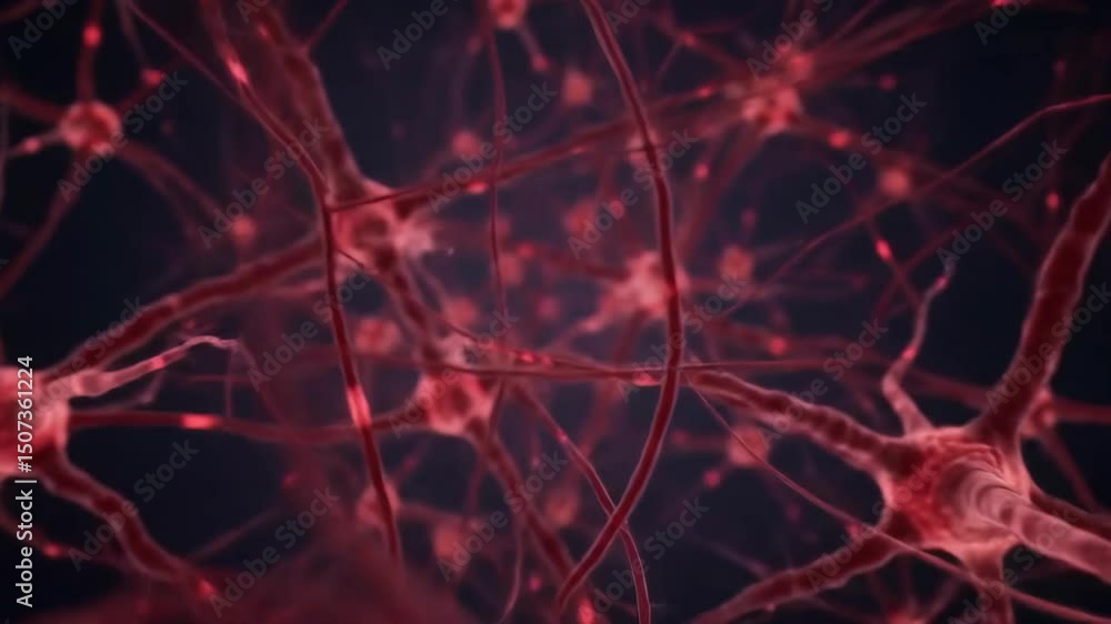 Poster neurons connecting neural network simulation red abstract background