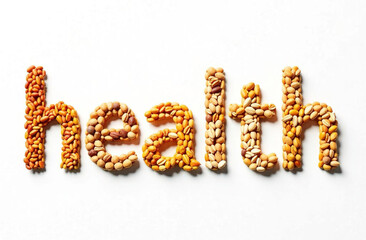 The word HEALTH made from seeds, flatlay on a white background