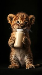 Adorable fluffy lion cub is holding a baby bottle in his paws against black