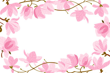 Pink magnolia flowers on branches forming a frame in hand drawn vector style. Represents spring, elegance and floral beauty concept with space for text