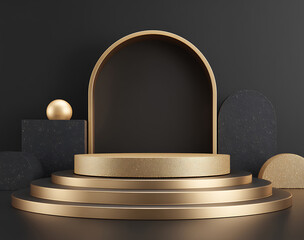 3D podium, a luxury background with golden line elements and a round black stage for product presentation