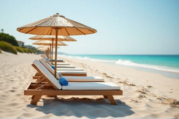 A row of lounge chairs and umbrellas on a sunny beach