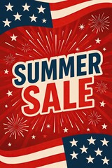 Bold summer sale banner with fireworks, stars, and patriotic red, white, and blue colors in a festive design. This image conveys celebration, shopping excitement and seasonal promotion