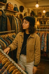 Young woman browsing clothes in a vintage thrift store surrounded by retro jackets and warm lighting. This image conveys sustainable fashion, individuality and nostalgic style exploration