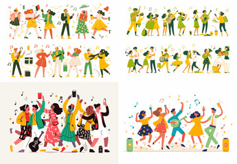 Fototapeta premium Musical Fiesta: A collection of colorful illustrations depicts joyous scenes of people immersed in music and dance, capturing the essence of celebration and rhythm.
