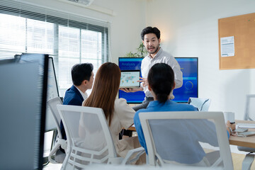 Group of creative Businesspeople brain storm meeting presentation,discussing roadmap to product launch, planning,strategy,dashboard,new business development,working with new startup project in office