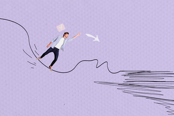 Contemporary image art collage of happy businesswoman businessman stand doodle arrow development...