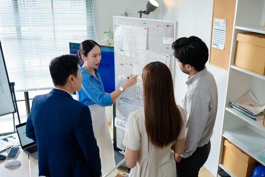 Group of creative Businesspeople brain storm meeting presentation,discussing roadmap to product launch, planning,strategy,dashboard,new business development,working with new startup project in office