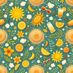 Summer pattern, background describing all the beauty of a summer, sunny day, sea, sand, delicious drinks and cheerful people