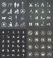 Public Park Pictograms: A comprehensive collection of pictograms depicting various activities and regulations within a public park setting, ideal for signage and wayfinding.