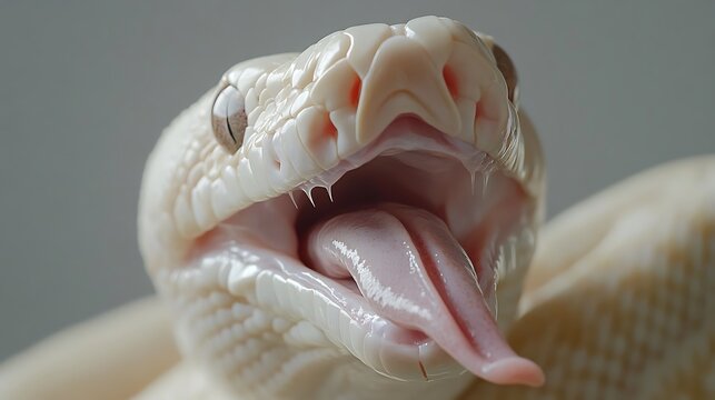 Albino snake shows its mouth, tongue, and sharp teeth for a macro view
