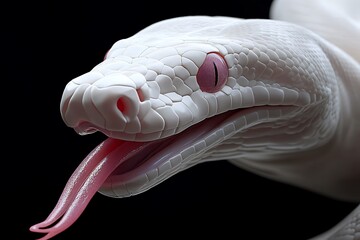 An albino snake strikes out its tongue, its pink eyes staring intently on black background