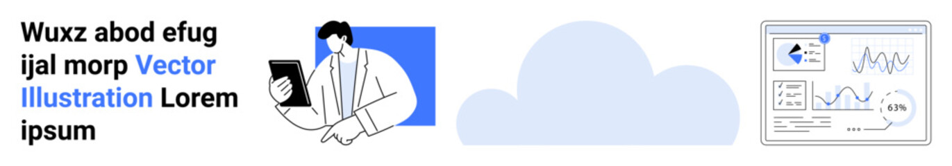 Businessperson reviewing tablet data, cloud representing technology, and analytics dashboard showcasing growth charts. Ideal for business, data analytics, technology, cloud computing, marketing