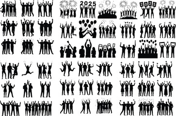 New Year Celebration Crowd Silhouette Set – Party Vector Bundle Happy New Year Crowd Silhouettes – Festive People Vector Collection