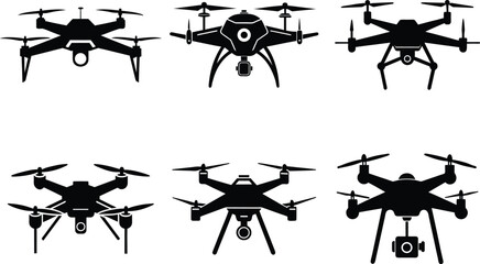 Six different black drone silhouettes set, Vector Stylish