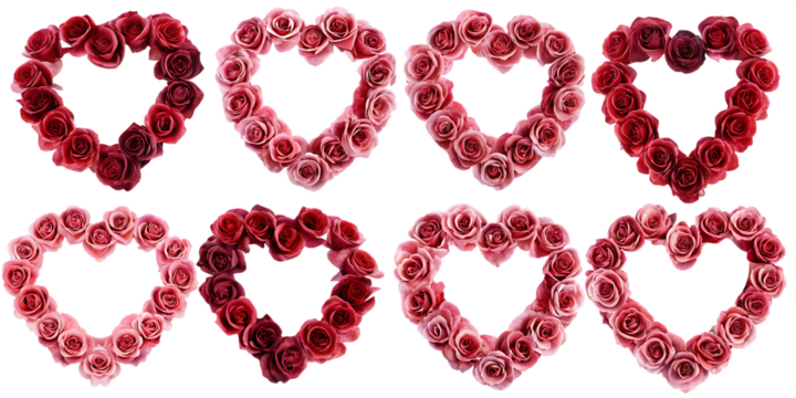Heart shape made of red roses decorations elements,isolated on white background PNG
