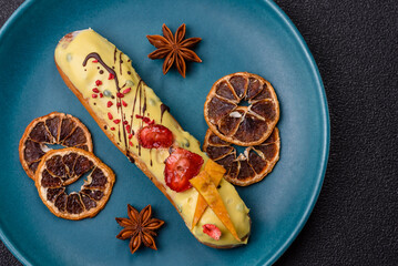 French food, dessert eclair with chocolate filling. Eclair as a background
