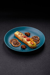 French food, dessert eclair with chocolate filling. Eclair as a background