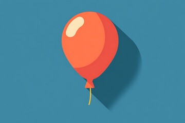 An isolated flat orange balloon casts a long shadow on the clear blue background