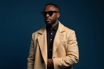 Obraz premium A man wearing a tan coat and black shirt, suitable for business or casual use