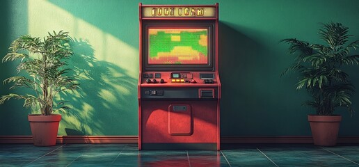Retro Arcade Game Cabinet in a Teal Room