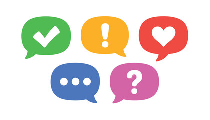 Colorful Chat Bubble Icon Set – Symbols for Check Mark, Exclamation, Heart, Message, and Question
