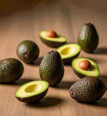 Avocado Slices and Full Fruits on a Wooden Surface