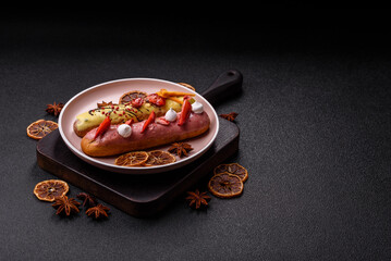 French food, dessert eclair with chocolate filling. Eclair as a background