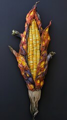 An isolated, vibrant corn cob displays yellow kernels nestled within its textured, decaying husk