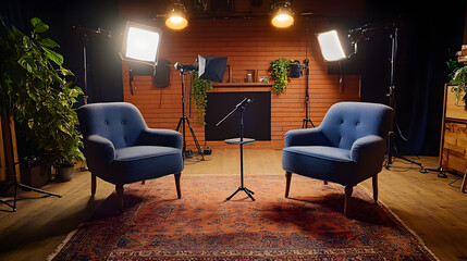 The interior of a studio is set up for podcasting and interviews, featuring two chairs.