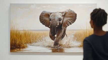 An shows a baby elephant charging through water while a woman looks at it