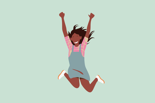 Young black woman jumping happily. Celebration, freedom concept.