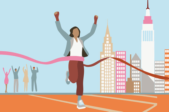 Woman wins race crossing finish line in city. Triumph, competition concept.