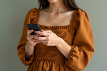 A woman in a brown dress holds her cell phone, ready for use
