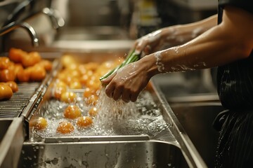 Asian cook's hands wash scallions over shiny sink after washing tasty golden glazed fruits