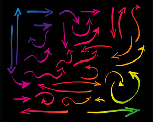 Set of different grunge brush arrows, hand drawn pointers, isolated on black background. Colorful gradient arrow brush Stroke style, object for design use, vector logos icon speed concept