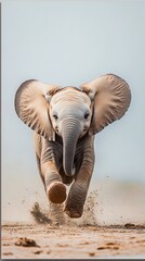 Baby elephant dashes forward through dirt, its ears spread and eyes full of energy