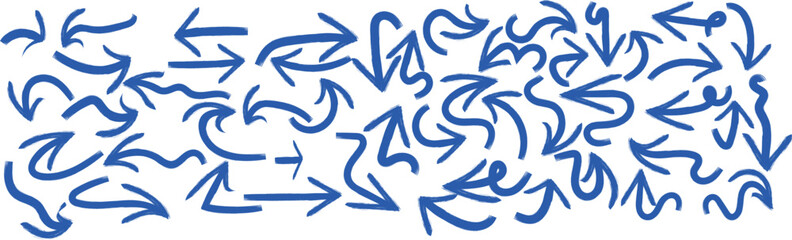 Obraz premium Randomized sketchy blue arrows pointing in multiple directions, hand-drawn vector arrow elements with motion 