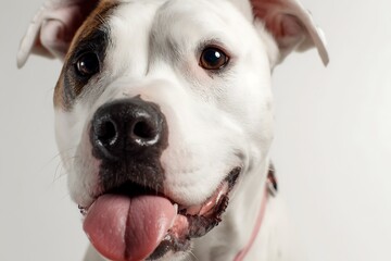 Obraz premium Photo of pitbull with tongue white backdrop 