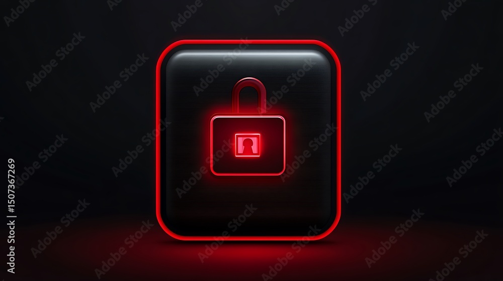 Poster dark-themed vector icon for data security and encryption, vibrant red elements
