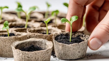 Hand planting young seedling in biodegradable pot with soil, representing sustainability, eco farming, spring gardening, and green lifestyle visuals