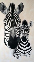 Black and white portrait features a striking zebra mother affectionately watching over her young foal