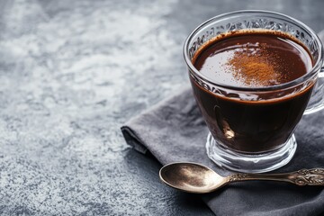 Elegant glass of rich hot chocolate with cinnamon on cozy gray background