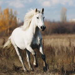 Majestic White Horse Galloping in Autumn Landscape with Trees