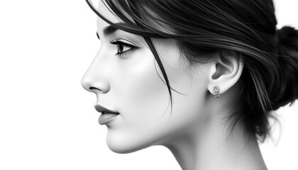 Black and white side profile of woman with jewelry and hair styled up in bun